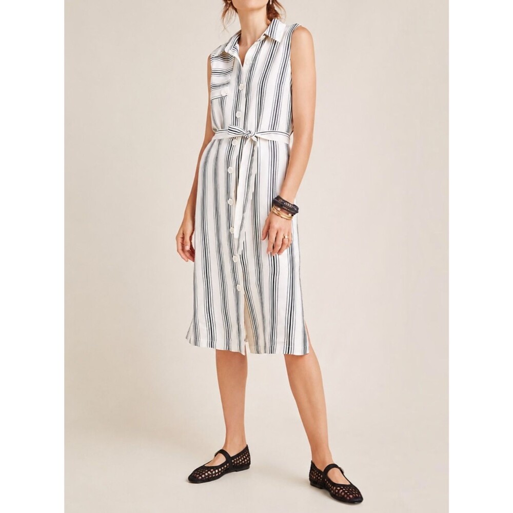 Maeve Anthropologie Esther Striped Sleeveless Shirt Dress Cream & Black Size 4
